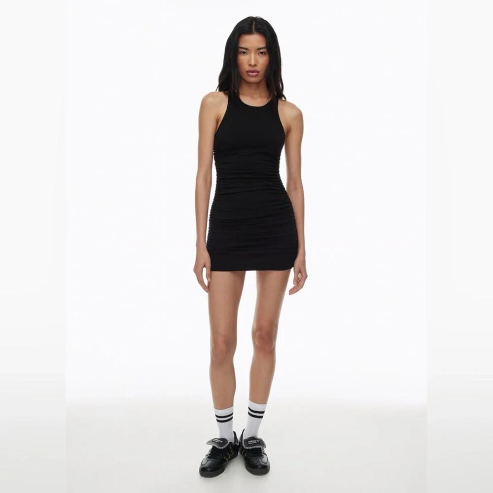 ARITZIA Tna Chill Malibu Dress black Stretch cotton jersey ruched bodycon mini